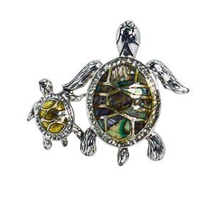 Napier Silver Tone Sea Turtle And Baby Faux Abalone Brooch (6090)
